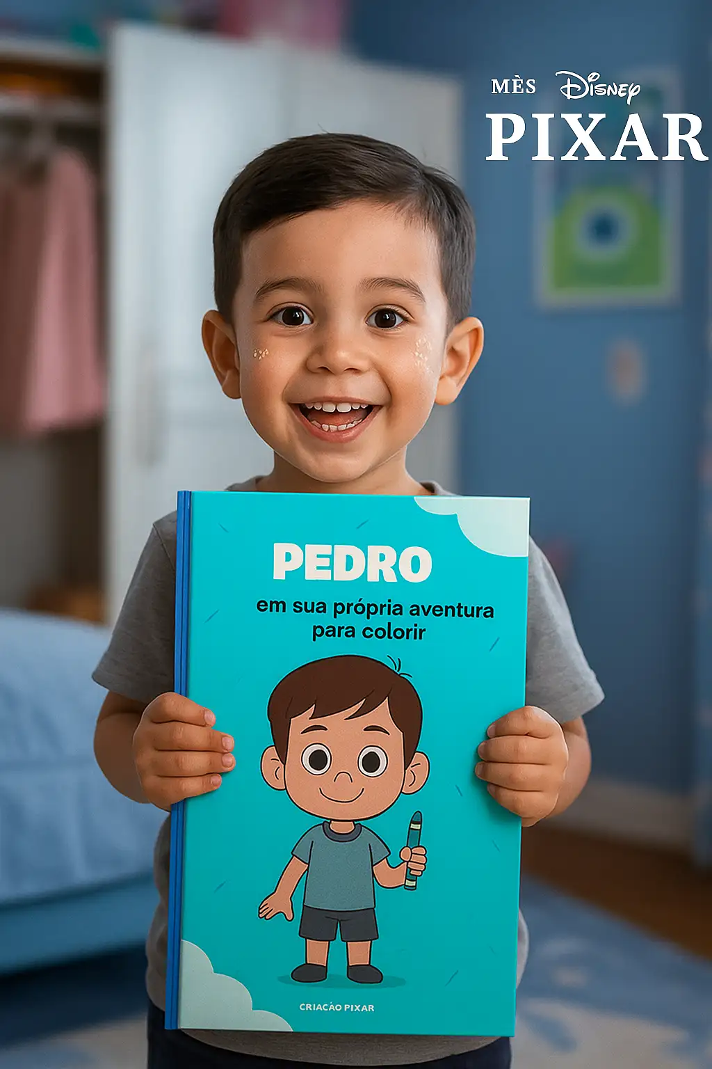 Pedro segurando seu livro personalizado - exemplo real do produto